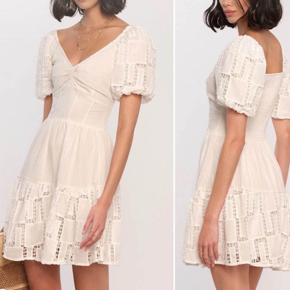 Heartloom Celia Dress White Lace Mini Sz L Cotton Rayon Crochet Gauze Princess